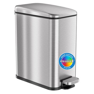 iTouchless SoftStep 1.3 Gallon Slim Bathroom Trash Can with Odor Filter and Removable Inner Bucket, Stainless Steel, 5 Liter Small Garbage Step Bin, Bathroom, Bedroom, Business, Home, Office Cubicle