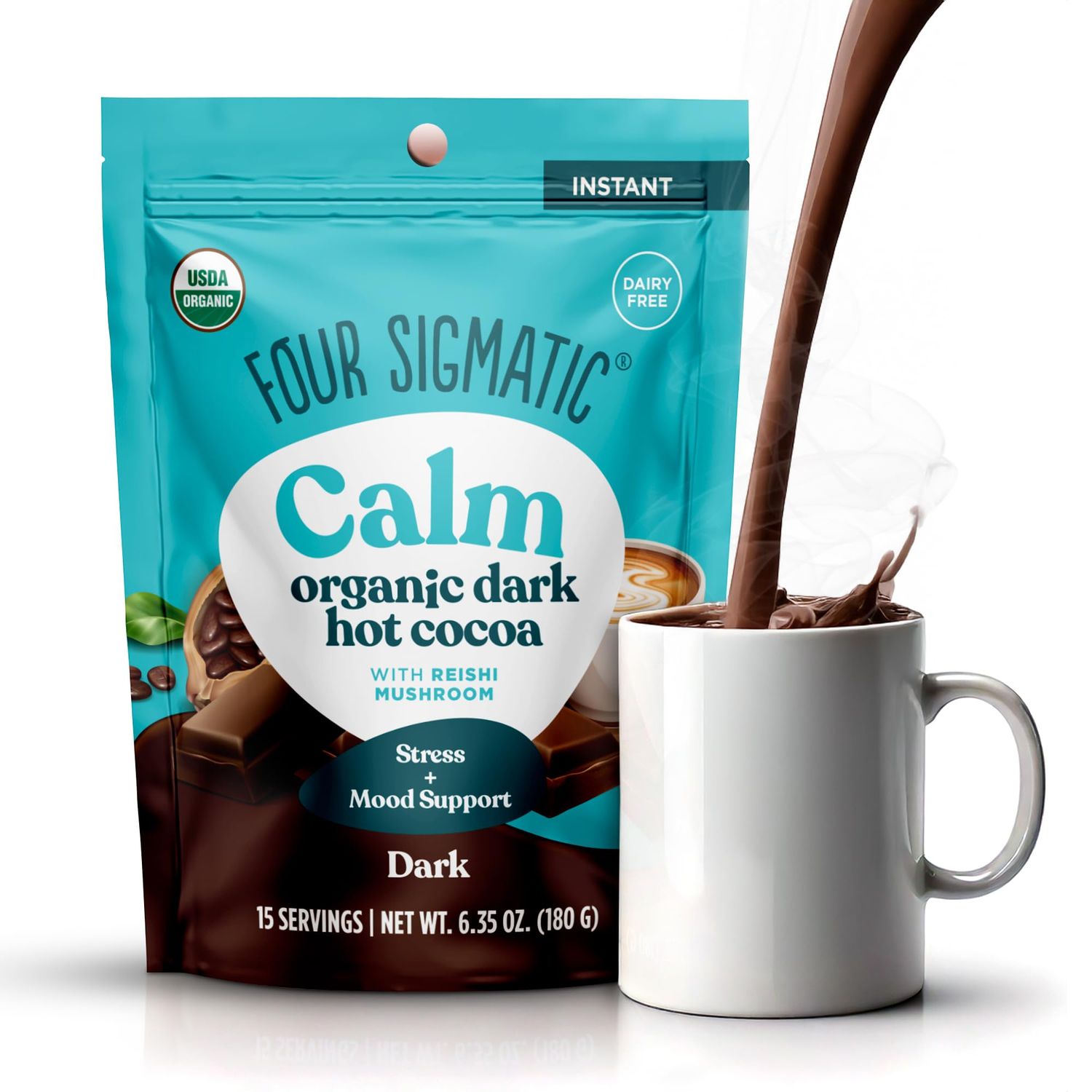 Four Sigmatic Calm Mushroom Cocoa Mix Organic Dark Hot Cocoa Mix with Reishi Mushroom Vegan, Dairy Free 15 Servings