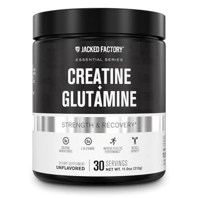 Jacked Factory Creatine Glutamine - Creatine Supplement with L-Glutamine for Muscle Recovery, Muscle Growth, Increased Strength, Enhanced Energy Output, and Gut Health - 30 Servings, Unflavored