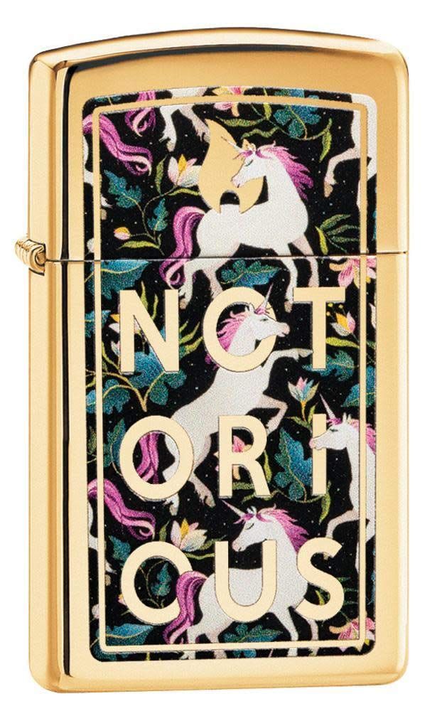 Zippo Notorious Unicorn Design Pocket Lighter, Slim High Polish Brass, One Size