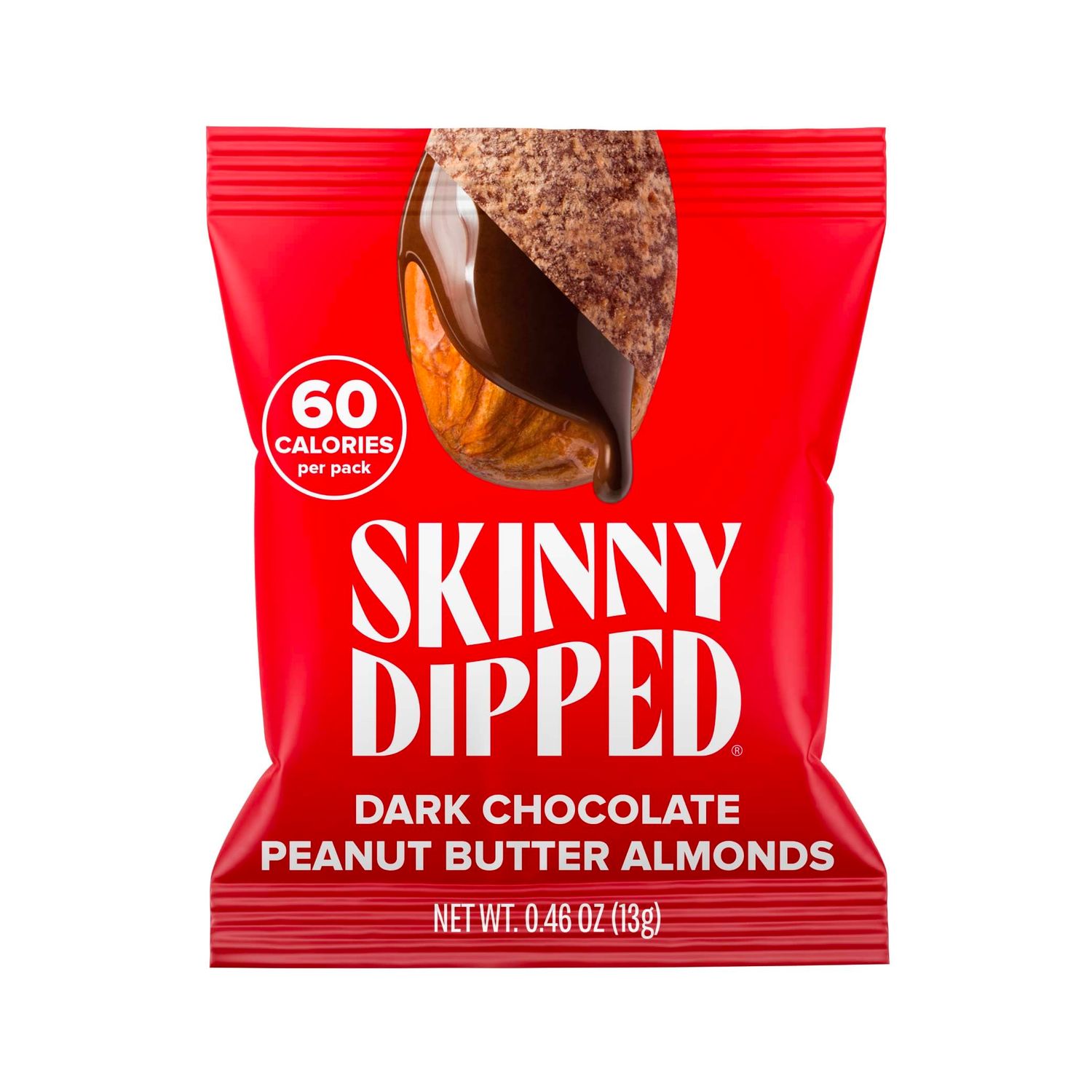 SkinnyDipped Dark Chocolate Peanut Butter Almonds, Healthy Snack, Plant Protein, Gluten Free, 0.46 oz Mini Bags, Pack of 24