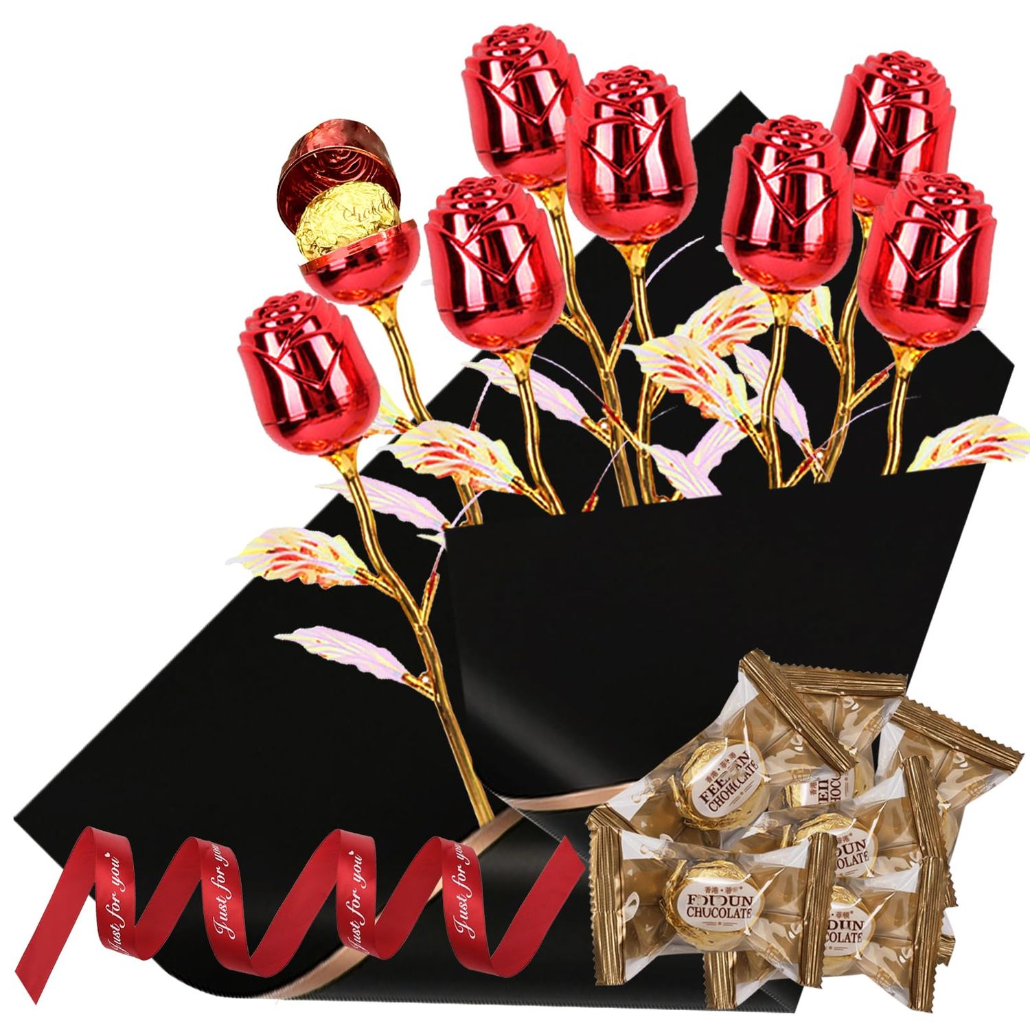 KWOLYKIM 12PCS Mothers Day Milk Chocolate Roses 5.5oz Individually Wrapped Candy Flowers Red Rose Sweet Gfit for Holiday Valentines Parties Coworkers