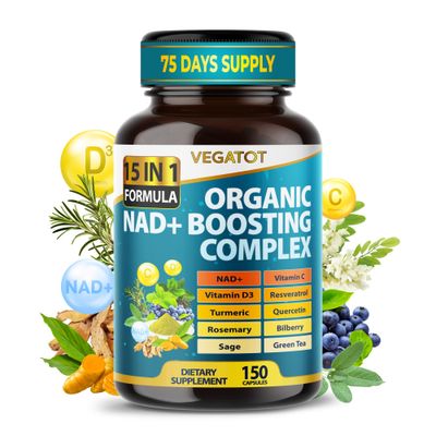 VEGATOT NAD Boosting Complex - NAD Supplements for Women Men 15-in-1 Formula with Resveratrol Turmeric Quercetin Rosemary Bilberry Sage Green Tea