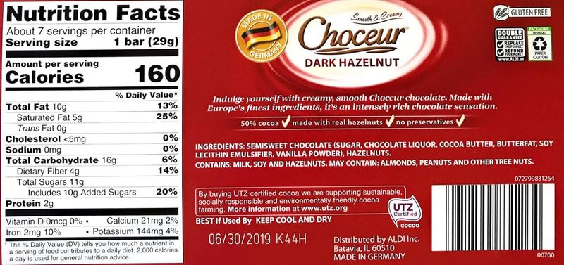 Whole Roasted Hazelnuts European Dark Chocolate Bars, Smooth Creamy, Snack Snacking Gift Food Dessert Treat, 2 7oz choceur Pack