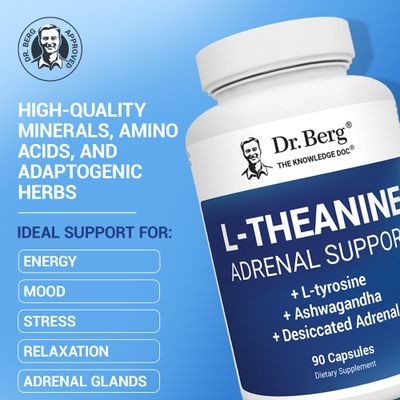 Dr. Berg L-Theanine 200mg - Includes Zinc, Copper, L-Tyrosine, Ashwagandha - L-Theanine Supplement Adrenal Support - for Relaxation, Stress Relief, and Mental Clarity - 90 Gelatin Capsules