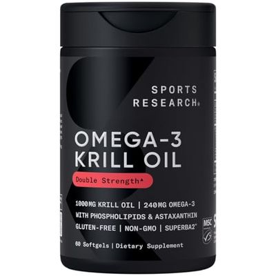 Sports Research Antarctic Krill Oil Omega 3 Softgels 1000mg Double Strength with Phospholipids, Choline Astaxanthin - Sustainably Sourced, Non-GMO Verified Gluten Free - 60 Capsules