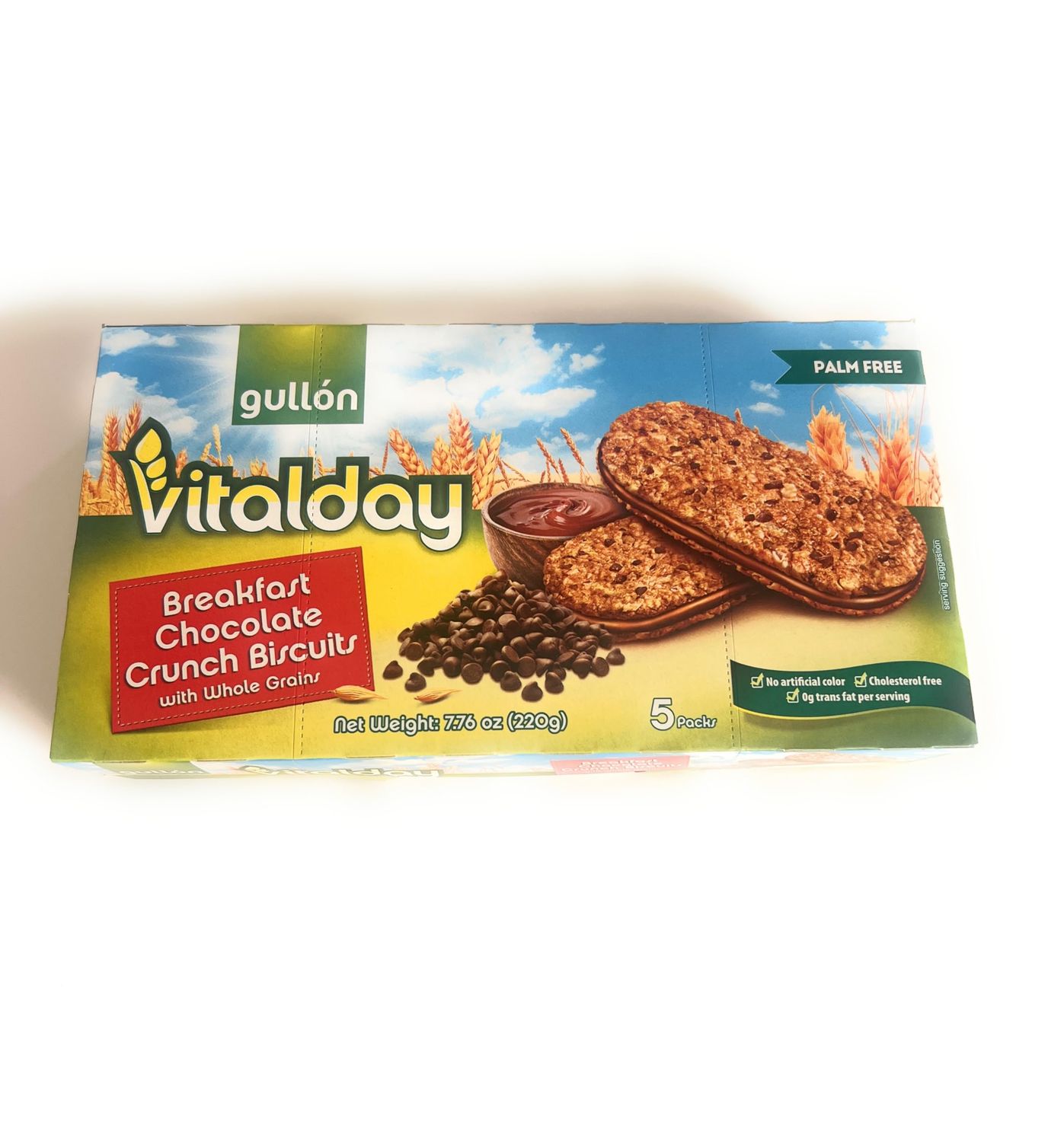 Gullons-Vitalday Breakfast Chocolate Crunch Biscuits with Whole Grains, Palm Free, No artificial color, Cholesterol Free, 0g trans fat per serving, 220g.
