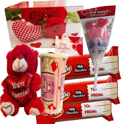 Valentine day Gift Basket:10 Teddy Bear Plush color varries, 3 milk chocolate waffles, rolls with vallentine messages, 2.26 oz heart lollipops bouquent.Includes Valentine Gift Card BagVarries