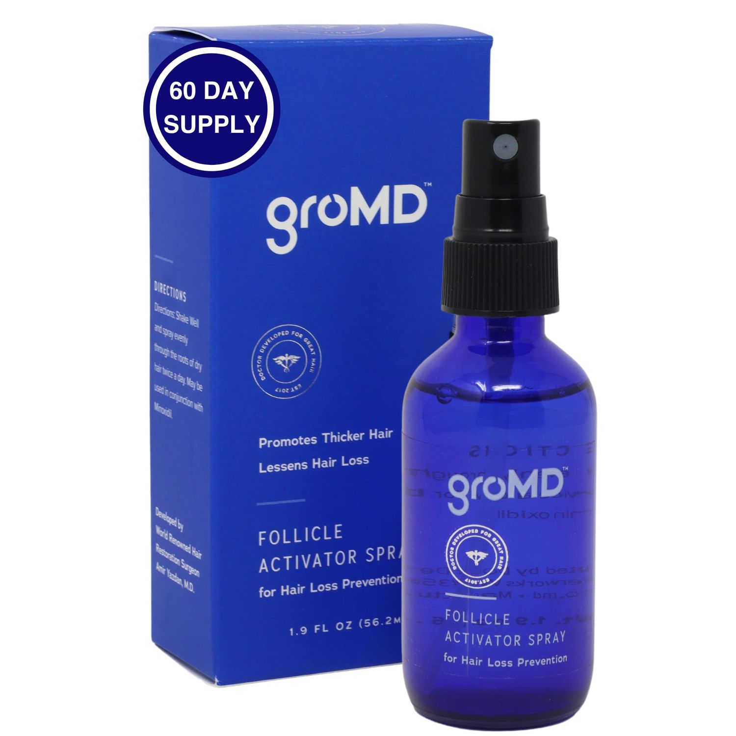 GroMD Hair Loss Serum, Hair Growth Treatment, Regrowth, Follicle Activator Spray, Argan Oil, Biotin Caffeine, Thickening, Doctor Developed, DHT Blocking Ingredients, 60 Day Supply