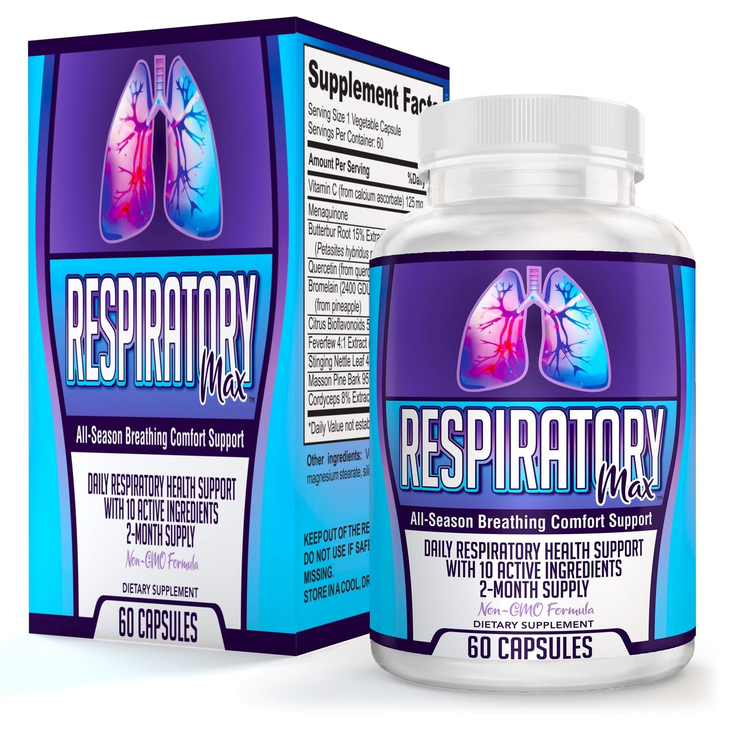 Respiratory-MAX Support Supplements 60-Day Supply All-in-1 Lung Health Cleanse Detox Natural Respiratory Supplement Formula with 10 Active Ingredients 2-Month Supply 60 Capsules
