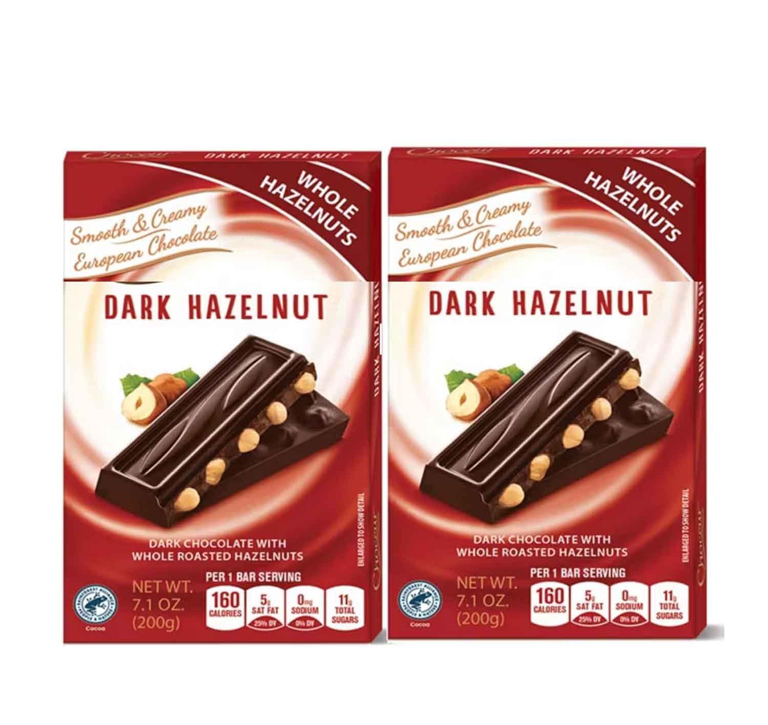 Whole Roasted Hazelnuts European Dark Chocolate Bars, Smooth Creamy, Snack Snacking Gift Food Dessert Treat, 2 7oz choceur Pack