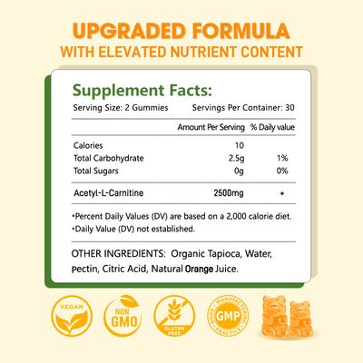 Sijigood 2 Pack Acetyl L-Carnitine Supplement, Natural Nutrition Supplement for Boost Energy, Immunity, Vegan, Orange Flavor, 120 Count