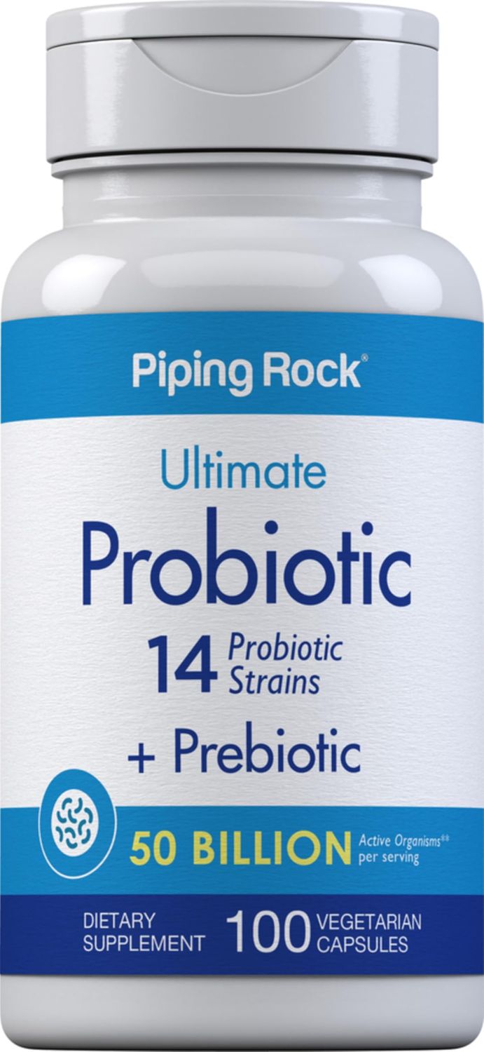 Piping Rock Probiotic and Prebiotic for Women and Men 50 Billion CFU 100 Capsules Ultimate 14 Strain Supplement Vegetarian, Non-GMO, Gluten Free