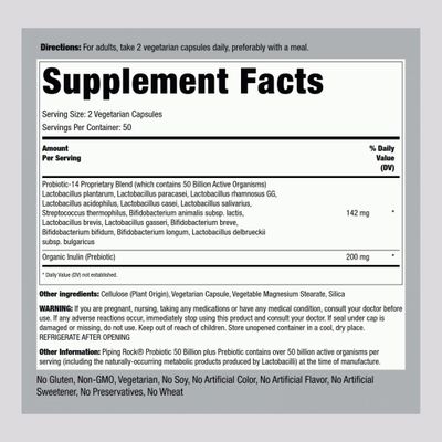 Piping Rock Probiotic and Prebiotic for Women and Men 50 Billion CFU 100 Capsules Ultimate 14 Strain Supplement Vegetarian, Non-GMO, Gluten Free