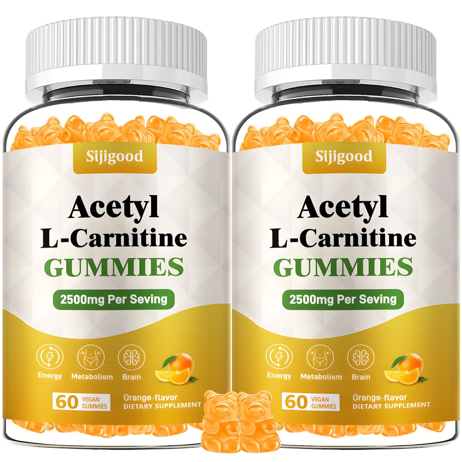 Sijigood 2 Pack Acetyl L-Carnitine Supplement, Natural Nutrition Supplement for Boost Energy, Immunity, Vegan, Orange Flavor, 120 Count
