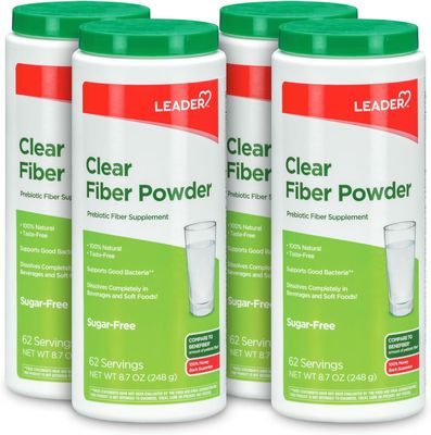Leader Prebiotic Fiber Supplement Powder for Digestive Health, 100 Natural Daily Fiber Powder, Sugar-Free, Taste-Free, Gluten Free, Non-GMO, Unflavored, 62 Servings 8.7 OZ Pack of 4