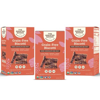 The Greater Goods Snacking Co. Dark Chocolate Sea Salt Biscotti - Organic, Vegan, Grain Free, Gluten Free, and Paleo Friendly - Delicious Small Batch Almond Flour Baked Snacks - 3-Pack