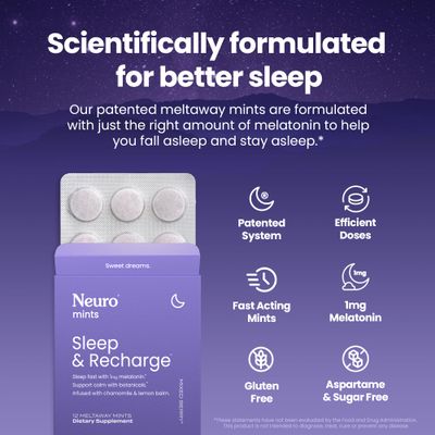 Neuro Melatonin 1 mg Sleep Recharge Mints 72 Pieces - Fast Dissolve Melatonin Sugar Free Mints with Lemon Balm Chamomile for Better Sleep - Calm Sleep Supplement - Mixed Berry Flavor