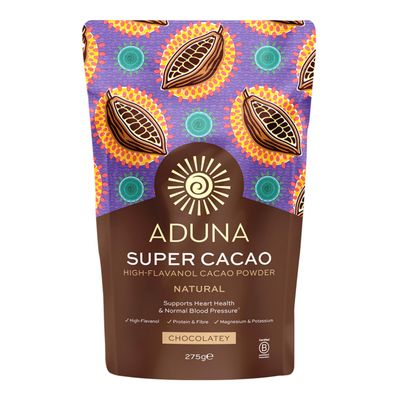 Aduna Super-Cacao Powder Natural Raw Cocoa Powder Natural High Flavanol Cacao for Heart Health Gut Health Vegan Chocolate for Hot Chocolate, Smoothies, Oats Baking 275g Resealable Pack