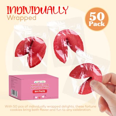 4E's Novelty Valentine Fortune Cookies (50 Pcs) - Fortune Cookies Individually Wrapped Bulk with 50 Valentine Messages, Valentine Treats for Kids Party, Non Candy Treats, 2025 Updated Version