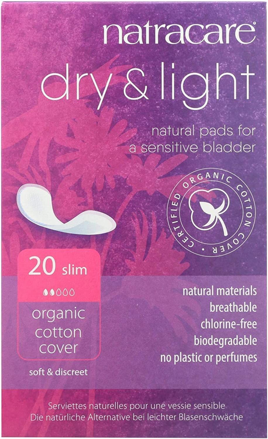 Natracare Dry Light, Slim, Natural and Absorbent Pads with Organic Cotton Cover for Light Urinary Incontinence 6 Pack, 120 Pads Total
