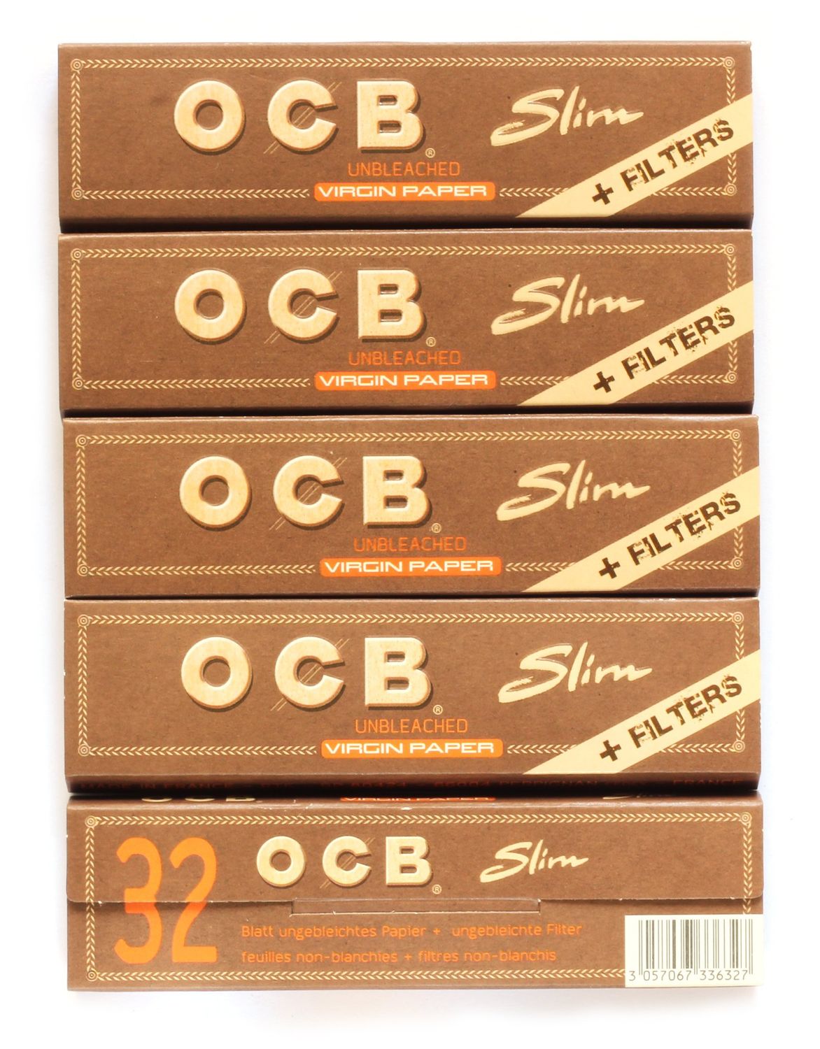 5 booklets OCB Virgin Slim Unbleached Rolling Paper King Size Filter Tips
