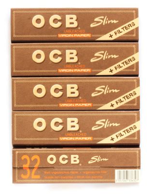 5 booklets OCB Virgin Slim Unbleached Rolling Paper King Size Filter Tips