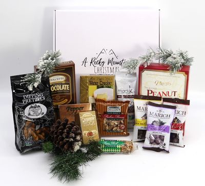 Gift Basket Village Rocky Mountain Christmas Gift Box: Gourmet Pretzels, Chocolate Covered Fruits &amp; Nuts, Wafers, Pecan Roll, Cheese Spread, Roca, Peanut Brittle, 13x13x3, 3.19 lbs