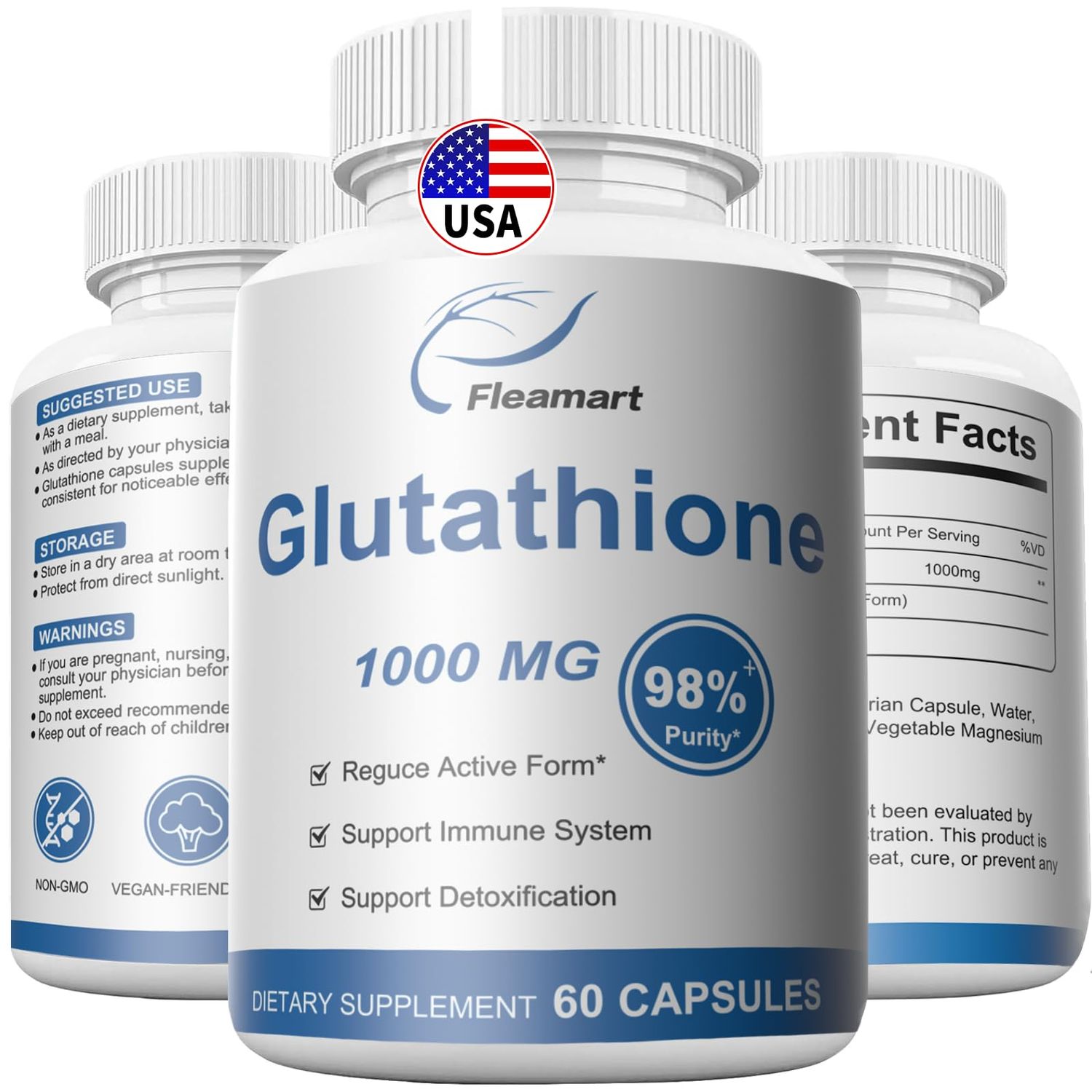 Fleamart Glutathione Supplement 98 Highly Purified and Bioavailable - Skin Care Detoxification L-Glutathione 1000mg Immune Liver Support - Made in The USA 60 Capsules