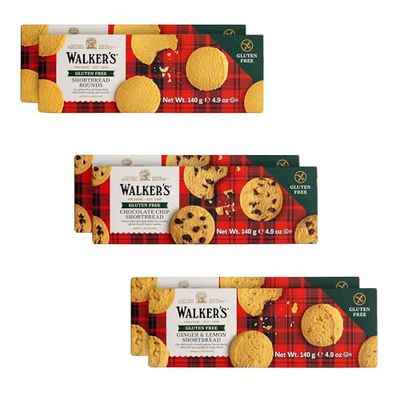 Walkers Shortbread Gluten Free Variety Pack, 2 of Each: Shortbread Rounds, Chocolate Chip, Ginger Lemon, All-Butter Shortbread Cookie Pack of 6