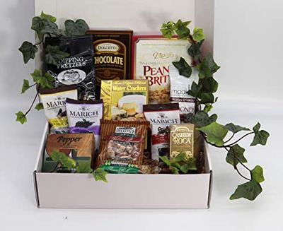 Gift Basket Village Rocky Mountain Christmas Gift Box: Gourmet Pretzels, Chocolate Covered Fruits &amp; Nuts, Wafers, Pecan Roll, Cheese Spread, Roca, Peanut Brittle, 13x13x3, 3.19 lbs