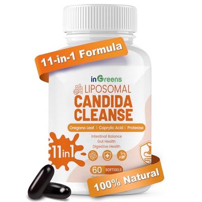 inGreens 11-in-1 Candida Cleanse, Advanced Candida Cleanse Detox for Women Men, Candida Support Supplement with Oregano, Caprylic Acid, Probiotics Herbal Extracts, 60 Softgels