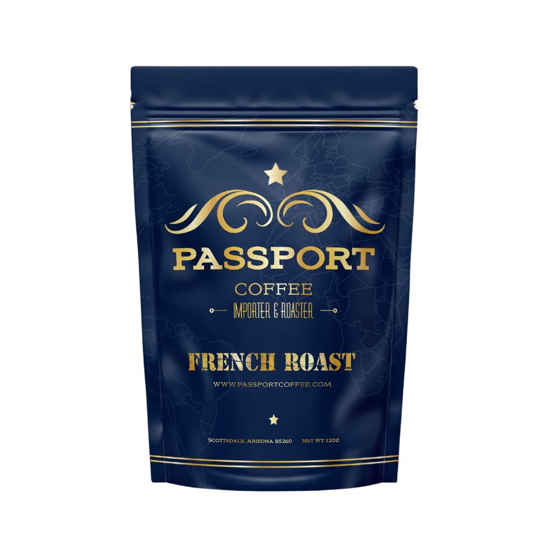 Passport Coffee French Roast - Central South American Blend of dark roast coffee, with flavor notes of bold rich bittersweet chocolate. Premium whole bean coffee, 12oz Bag