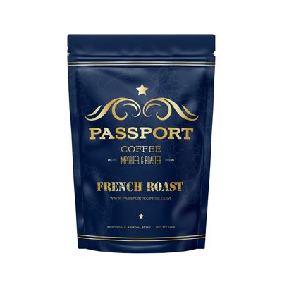 Passport Coffee French Roast - Central South American Blend of dark roast coffee, with flavor notes of bold rich bittersweet chocolate. Premium whole bean coffee, 12oz Bag