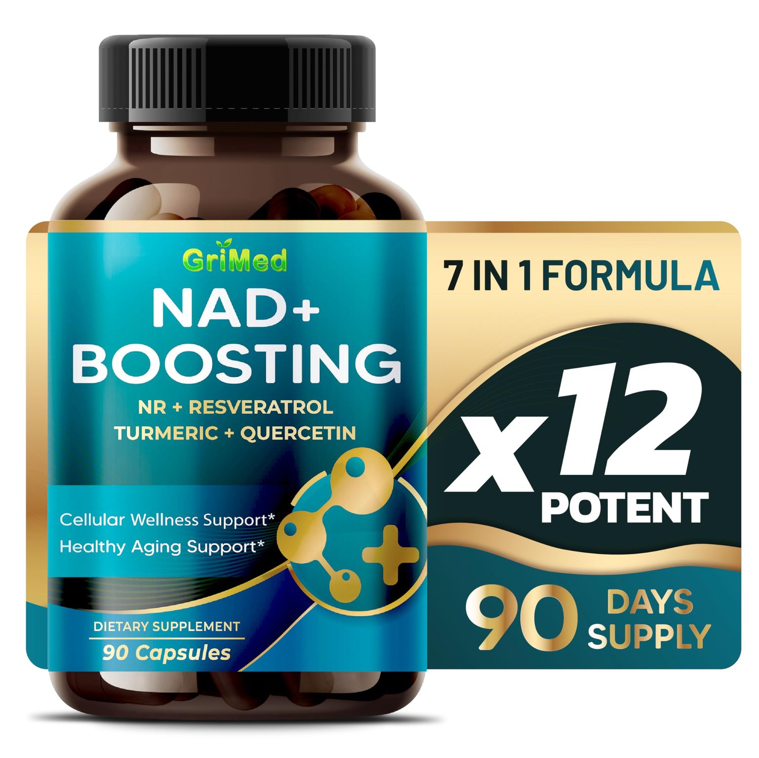 GriMed NAD Boosting 16,550mg- x12 Power with NR Resveratrol Turmeric Quercetin - Cellular Energy, Cellular Repair, Healthy Aging - USA Made Tested 90 Count Pack of 1