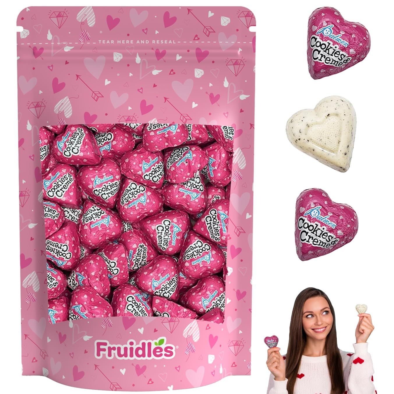 Fruidles Valentine's Chocolate Milky Cookies &amp; Cream Hearts, Holiday Treats, Individually Wrapped Foils, Kosher Certified Dairy (20 Count, Half-Pound)
