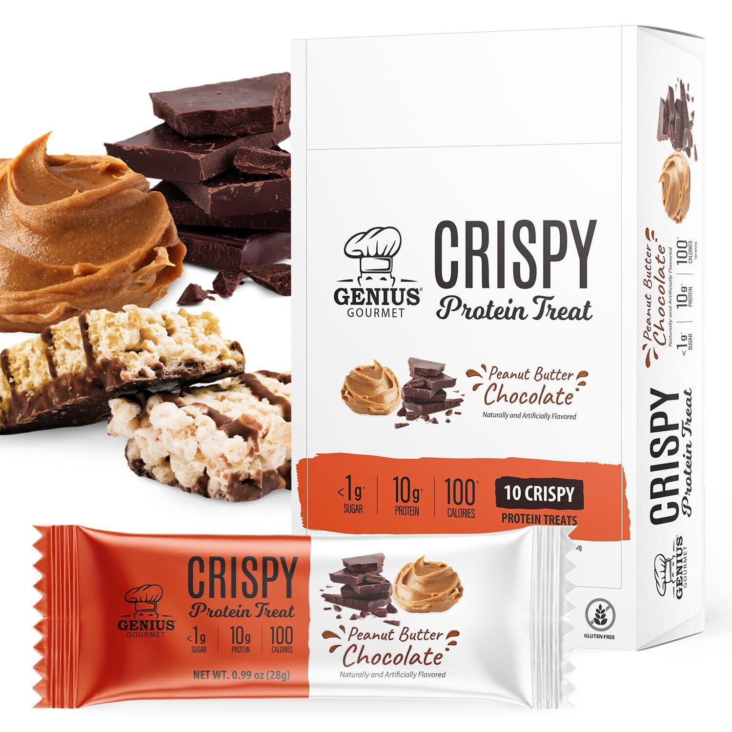 Genius Gourmet Crispy Protein Treat, Chocolate Peanut Butter, Keto Snack, Low Carb, Low Sugar Gluten Free, Protein Snacks for Adults, 10G of Whey Protein per Protein Bar, 5 Net Carbs, 20 CT