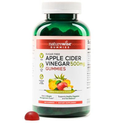 NatureWise Apple Cider Vinegar ACV Gummies - 1000mg ACV per 2, Sugar Free, Vegan - Energy Gut Health - ACV Gummies WVitamin B12-180 Gummies3-Month Supply for 1000mg 6-Month Supply for 500mg