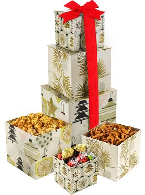 Gourmet Tower Box Party Mix for Easter, Birthdays, Mothers, Fathers Extra Twist Pretzels, Caramel Pop Corn, Assorted Chocolates, 1.5 Lbs