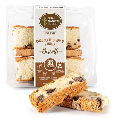 DIJAS Natural Foods, Crunchy Fat Free Biscotti Cookie, All Natural Preservative Free Ingredients, Delicious Low Calorie Snack 5 Ounces, Chocolate Chipped Vanilla