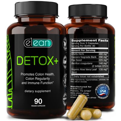 ELEAN Detox Plus Blended with Probiotic, Alfalfa, Flax Seed, Organic Aloe Vera, ascara Sagrada bark for Colon Cleanse, Gut Health, Digestive Health and Total Colon Care. 90 Capsule 30 Days Supply