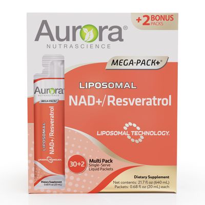 Aurora Nutrascience, Mega-Liposomal NADResveratrol, Gluten Free, Non-GMO, Sugar Free, Organic Fruit Flavor, 32 Single Serve Packets, 21.7 oz 640 mL
