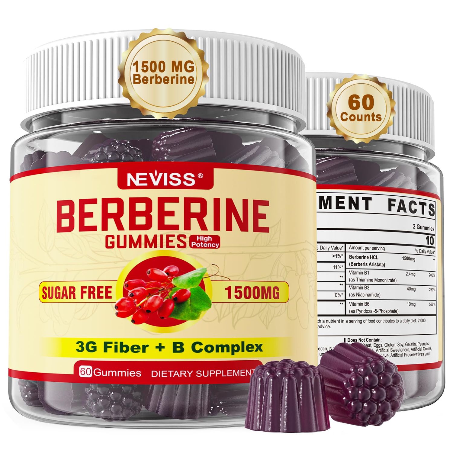 Berberine Supplement 1500mg, AMPK Activator with 3G Prebiotic Fiber, B1 B3 B6, Sugar Free Berberine HCL Gummies for Women and Men - Supports Immune System, Digestive, Body Management, 1pack 60 Cts