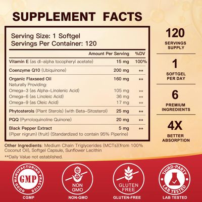 CoQ10 200mg Softgels with Vitamin E Omega 3-6 -9 PQQ - High Absorption Coenzyme Q10 with Bioperine Maximum Antioxidant Heart Supports Cellular Energy Production Supplement 120 Servings