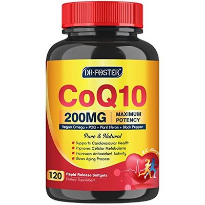 CoQ10 200mg Softgels with Vitamin E Omega 3-6 -9 PQQ - High Absorption Coenzyme Q10 with Bioperine Maximum Antioxidant Heart Supports Cellular Energy Production Supplement 120 Servings