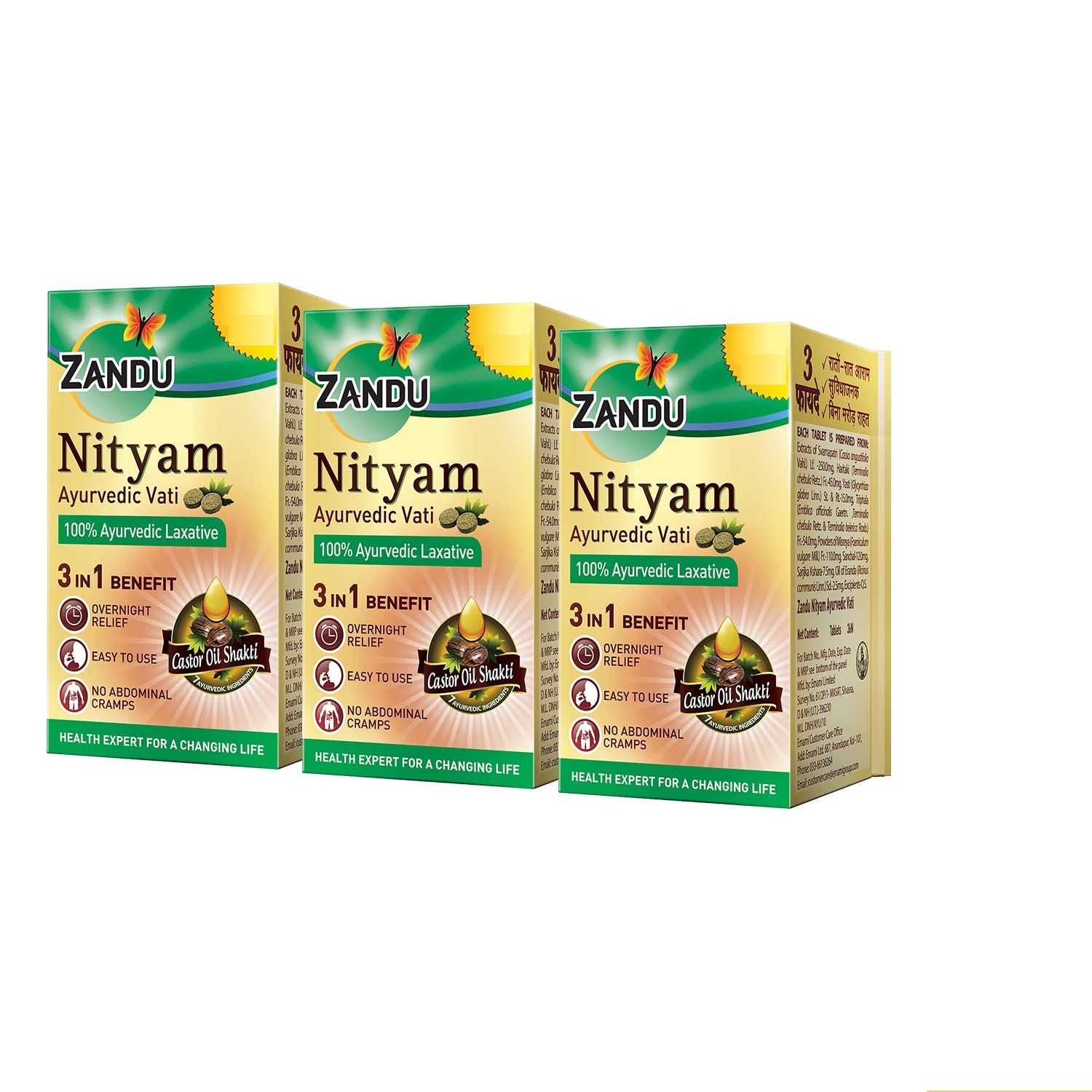 Zandu Ayurvedic Nityam Tablets Made with 7 Ayurvedic Ingredients Herbal Supplement for Bowel Movement Helps in Body Detoxification Nutrient Absorption 30 Tabs Pack of 3