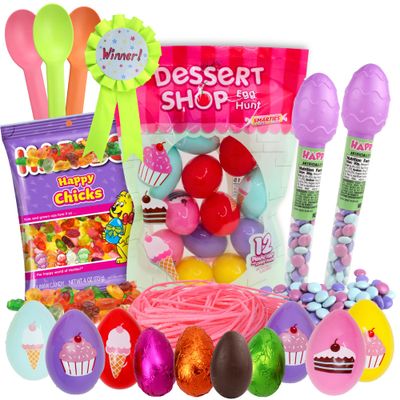 Easter Basket Stuffer Kit for Girls, Dessert-Themed Candy Eggs, Chocolate Tubes, Gummy Chicks, Edible Grass, and Egg Spoon Race Game - 6-Piece Spring Party Set