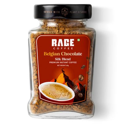 Rage Coffee Flavored Instant Coffee Belgian Chocolate Silk Blend 100 Pure Coffee Premium, Bold Smooth Hot Cold Coffee, 60gm
