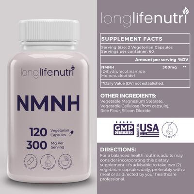 NMNH 300mg Dihydronicotinamide Mononucleotide - 120 Vegan Capsules, 2-Month Supply, NMN Alternative, NAD Supplement for Energy Longevity, Lab Tested, Made in USA