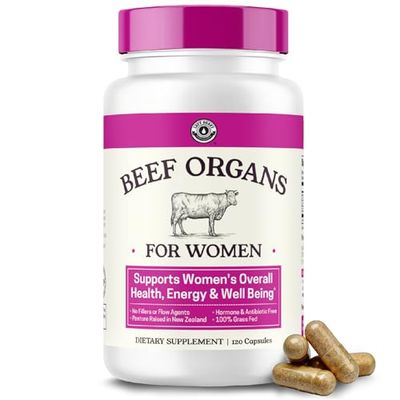 Beef Organ Supplement for Women - Beef Liver, Kidney, Heart and Uterus Tissue, Supports Womens Overall Energy and Health - Pasture Raised in New Zealand - No Fillers or Flow Agents - 120 Capsules
